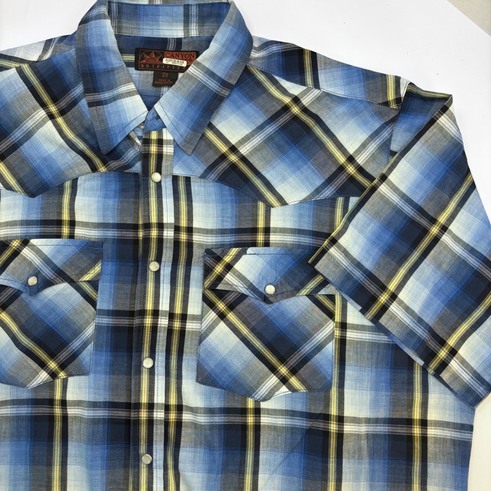 Canyon Ridge Outfitters Mens 2X Blue Plaid Short Sleeve‎ Western Snap Shirt
